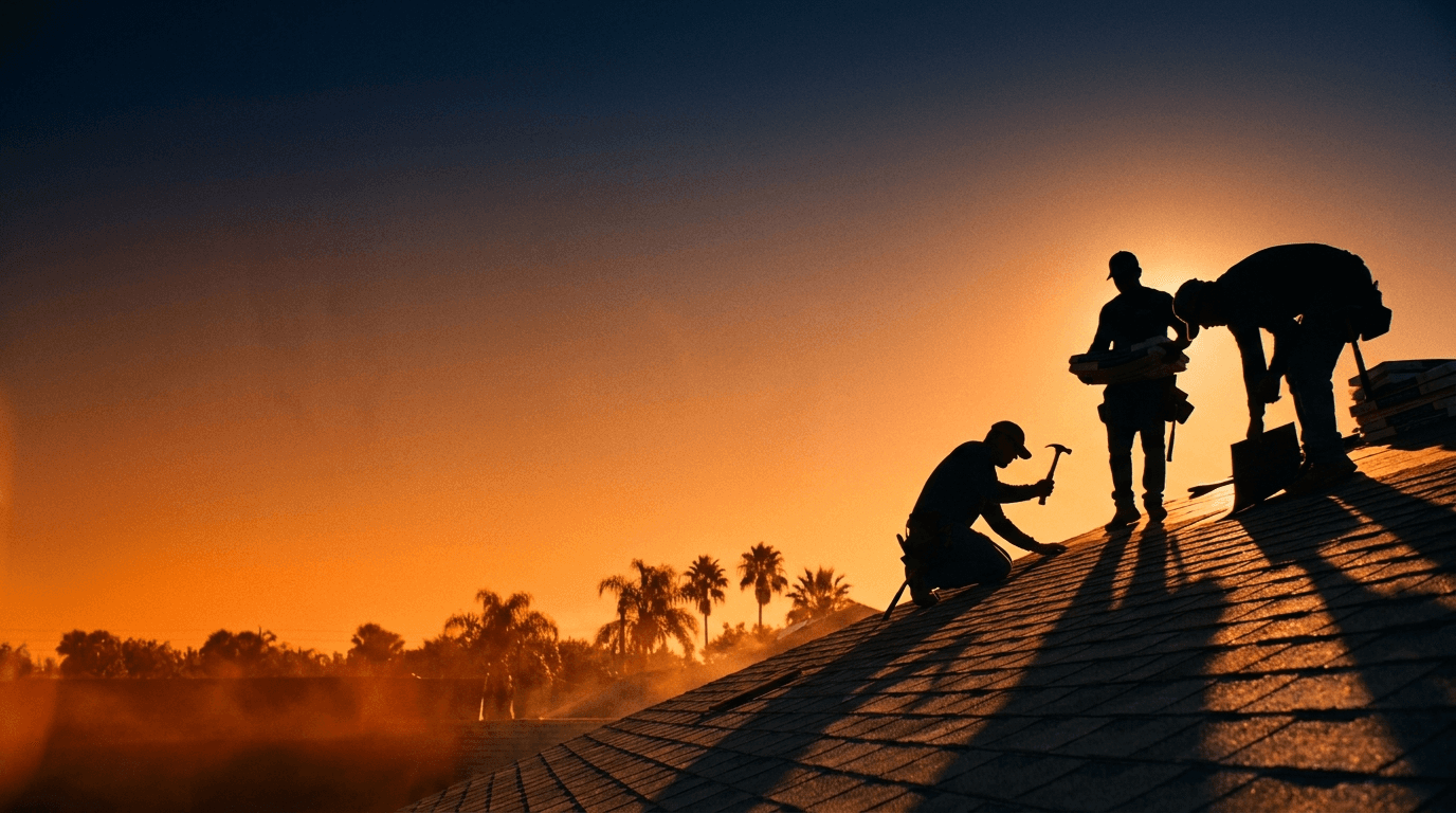 American Specialty Roofing crew installing a roof at sunset